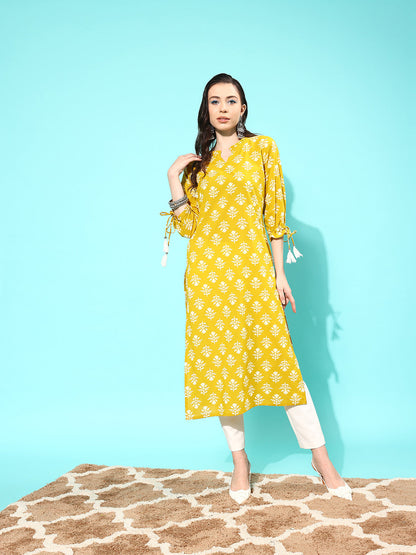 Women Yellow Straight Kurta With Three Quarter Sleeves | LASVINI - Redefining Indian Fashion with Elegance