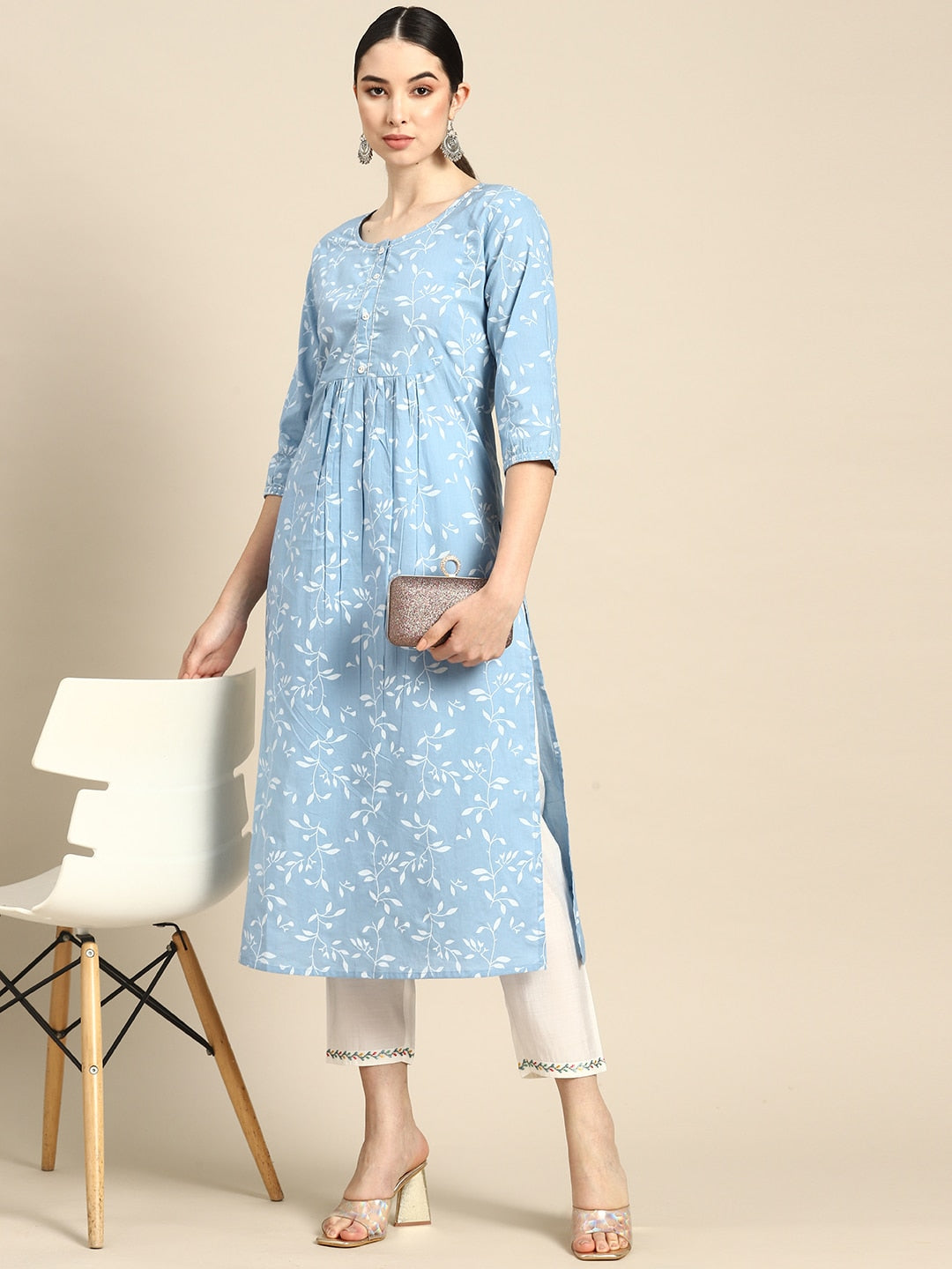 Women Blue Printed Flared Kurta With Three Quarter Sleeves | LASVINI - Redefining Indian Fashion with Elegance