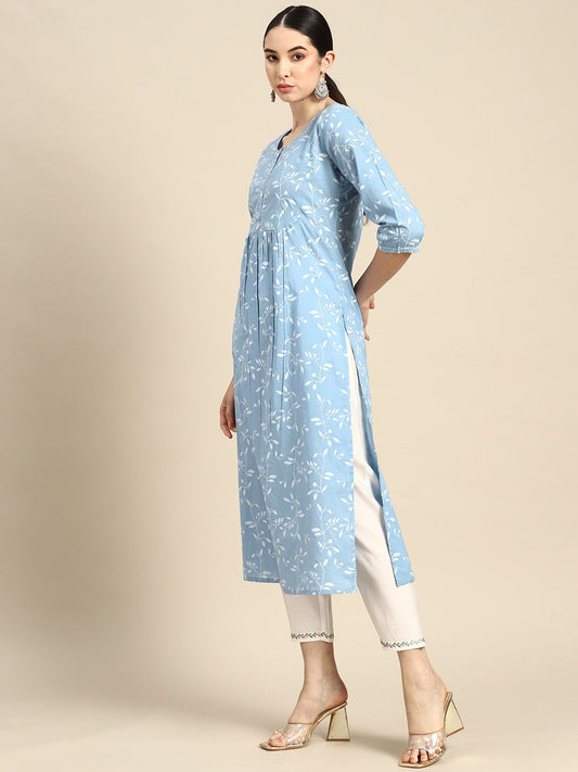 Women Blue Printed Flared Kurta With Three Quarter Sleeves | LASVINI - Redefining Indian Fashion with Elegance