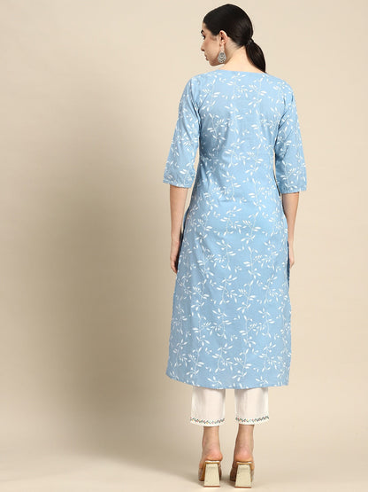 Women Blue Printed Flared Kurta With Three Quarter Sleeves | LASVINI - Redefining Indian Fashion with Elegance