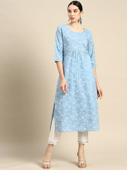 Women Blue Printed Flared Kurta With Three Quarter Sleeves | LASVINI - Redefining Indian Fashion with Elegance