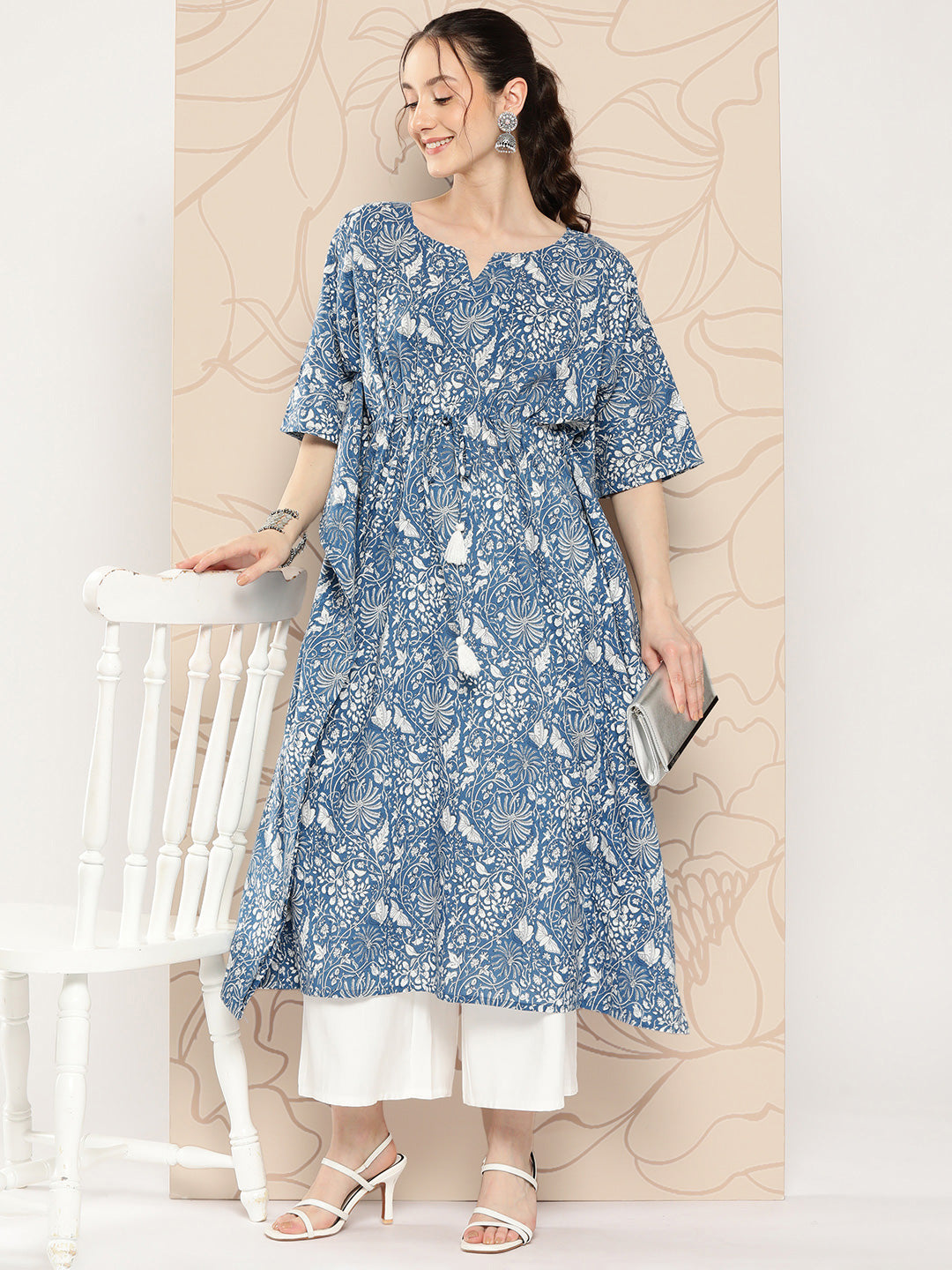 Women Blue Ethnic Printed Kaftan | LASVINI - Redefining Indian Fashion with Elegance