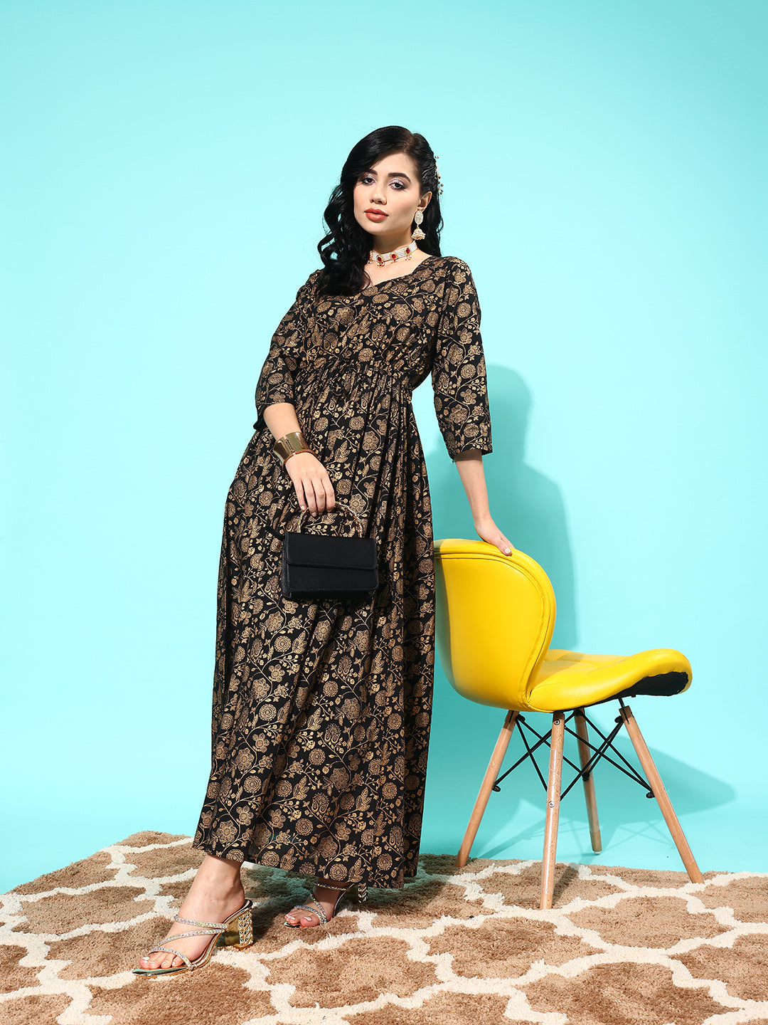 Women Black Floral Printed Flared Dress With Three Quarter Sleeves | LASVINI - Redefining Indian Fashion with Elegance
