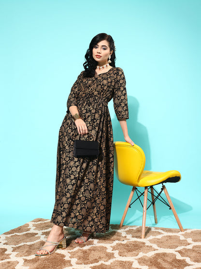 Women Black Floral Printed Flared Dress With Three Quarter Sleeves | LASVINI - Redefining Indian Fashion with Elegance
