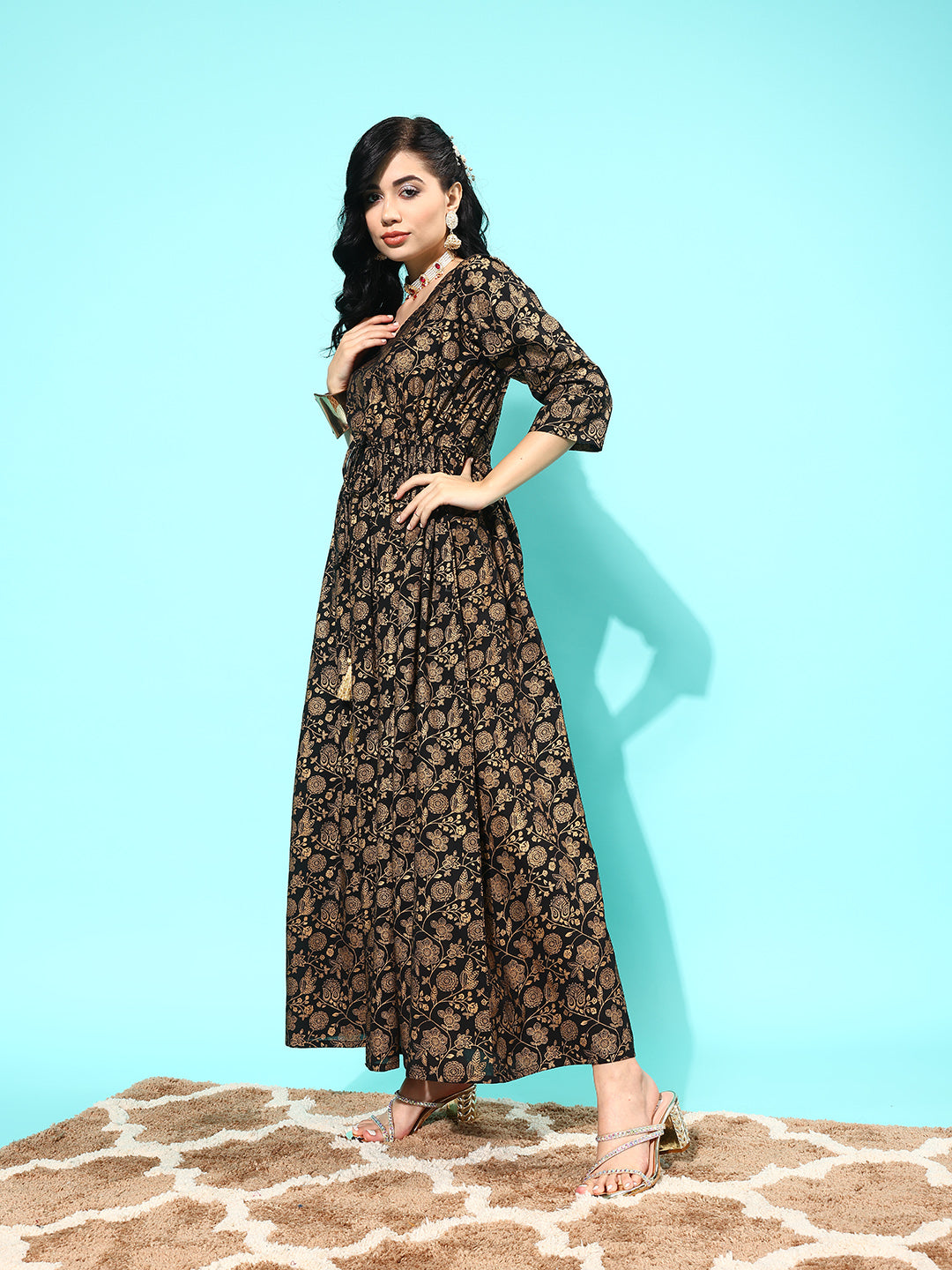 Women Black Floral Printed Flared Dress With Three Quarter Sleeves | LASVINI - Redefining Indian Fashion with Elegance