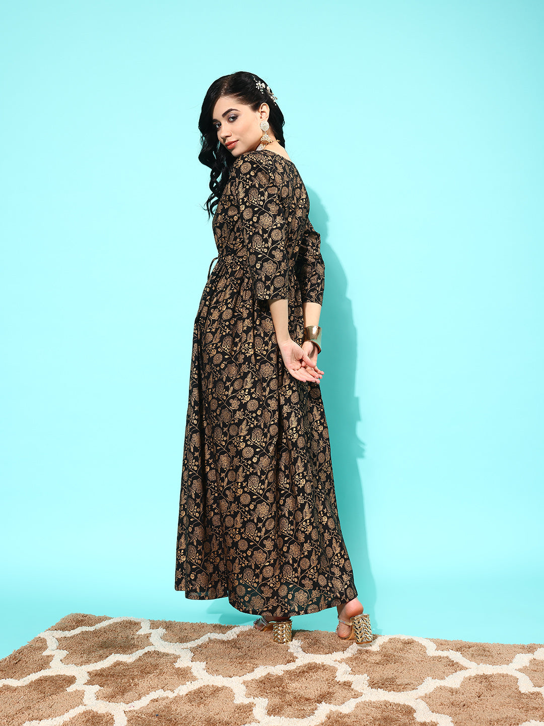 Women Black Floral Printed Flared Dress With Three Quarter Sleeves | LASVINI - Redefining Indian Fashion with Elegance