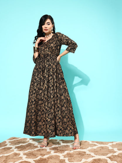 Women Black Floral Printed Flared Dress With Three Quarter Sleeves | LASVINI - Redefining Indian Fashion with Elegance
