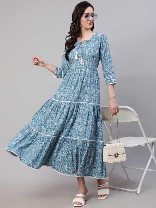 Women Blue Ethnic Printed Tired Dress With Tie Up Neck | LASVINI - Redefining Indian Fashion with Elegance