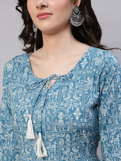 Women Blue Ethnic Printed Tired Dress With Tie Up Neck | LASVINI - Redefining Indian Fashion with Elegance