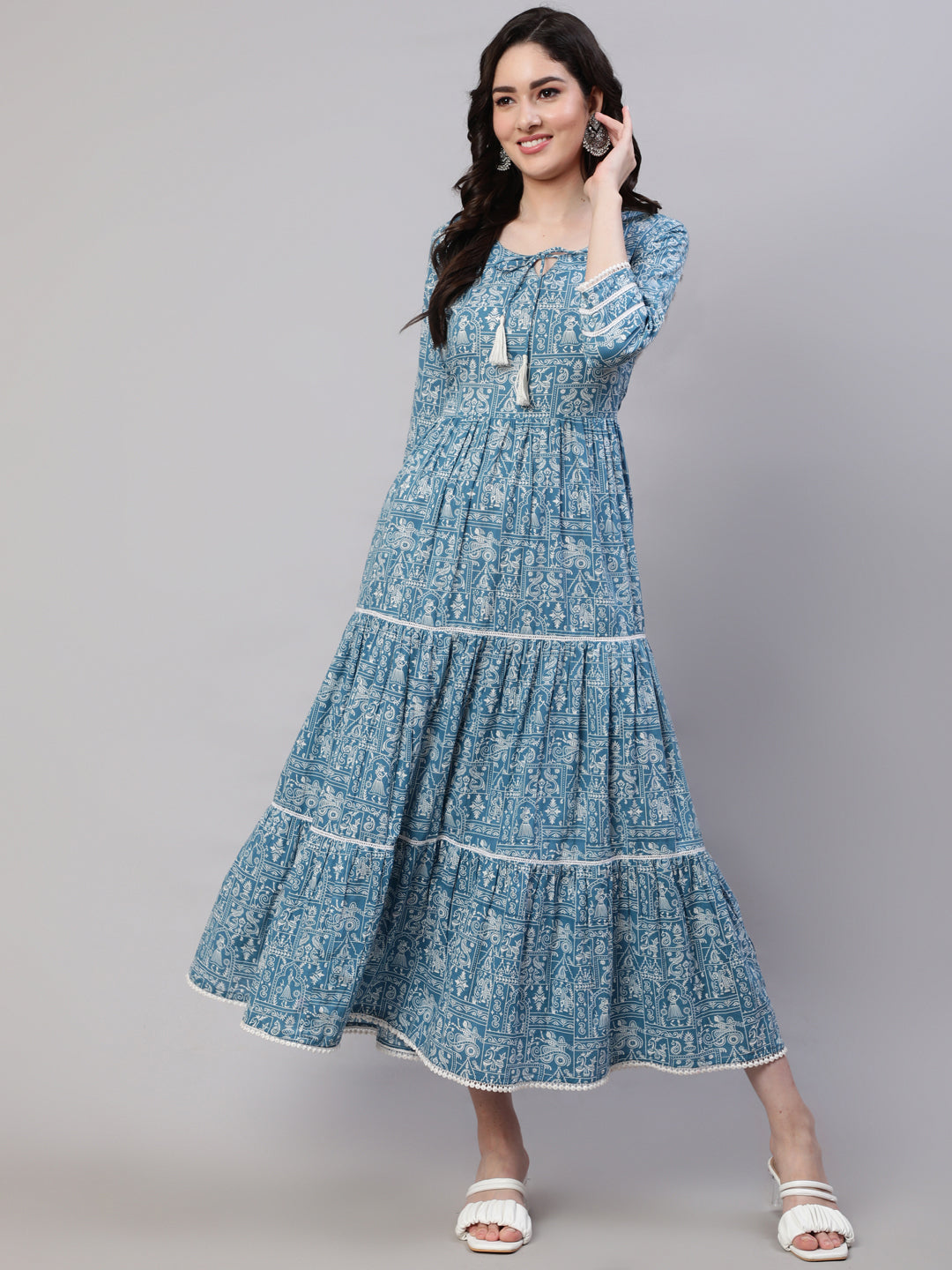 Women Blue Ethnic Printed Tired Dress With Tie Up Neck | LASVINI - Redefining Indian Fashion with Elegance