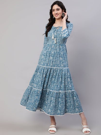 Women Blue Ethnic Printed Tired Dress With Tie Up Neck | LASVINI - Redefining Indian Fashion with Elegance