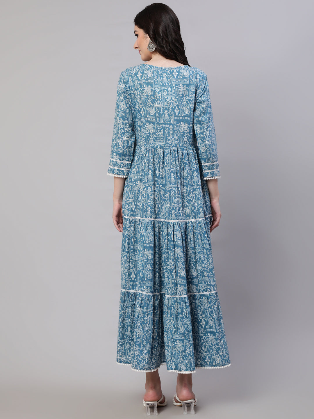 Women Blue Ethnic Printed Tired Dress With Tie Up Neck | LASVINI - Redefining Indian Fashion with Elegance