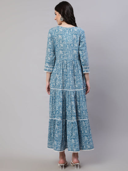 Women Blue Ethnic Printed Tired Dress With Tie Up Neck | LASVINI - Redefining Indian Fashion with Elegance