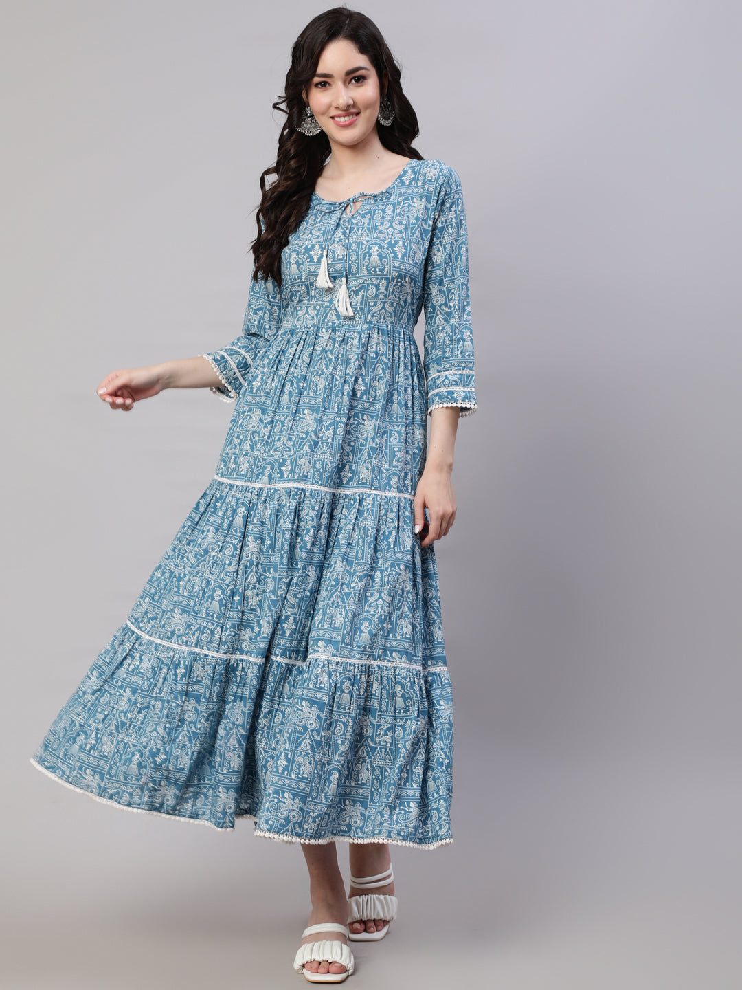 Women Blue Ethnic Printed Tired Dress With Tie Up Neck | LASVINI - Redefining Indian Fashion with Elegance