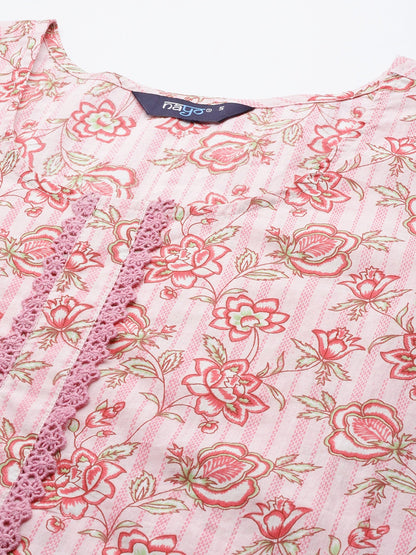 Women Pink Floral Printed Kurta With Three Quarter Sleeves | LASVINI - Redefining Indian Fashion with Elegance
