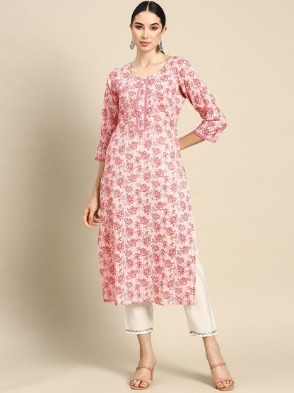 Women Pink Floral Printed Kurta With Three Quarter Sleeves | LASVINI - Redefining Indian Fashion with Elegance