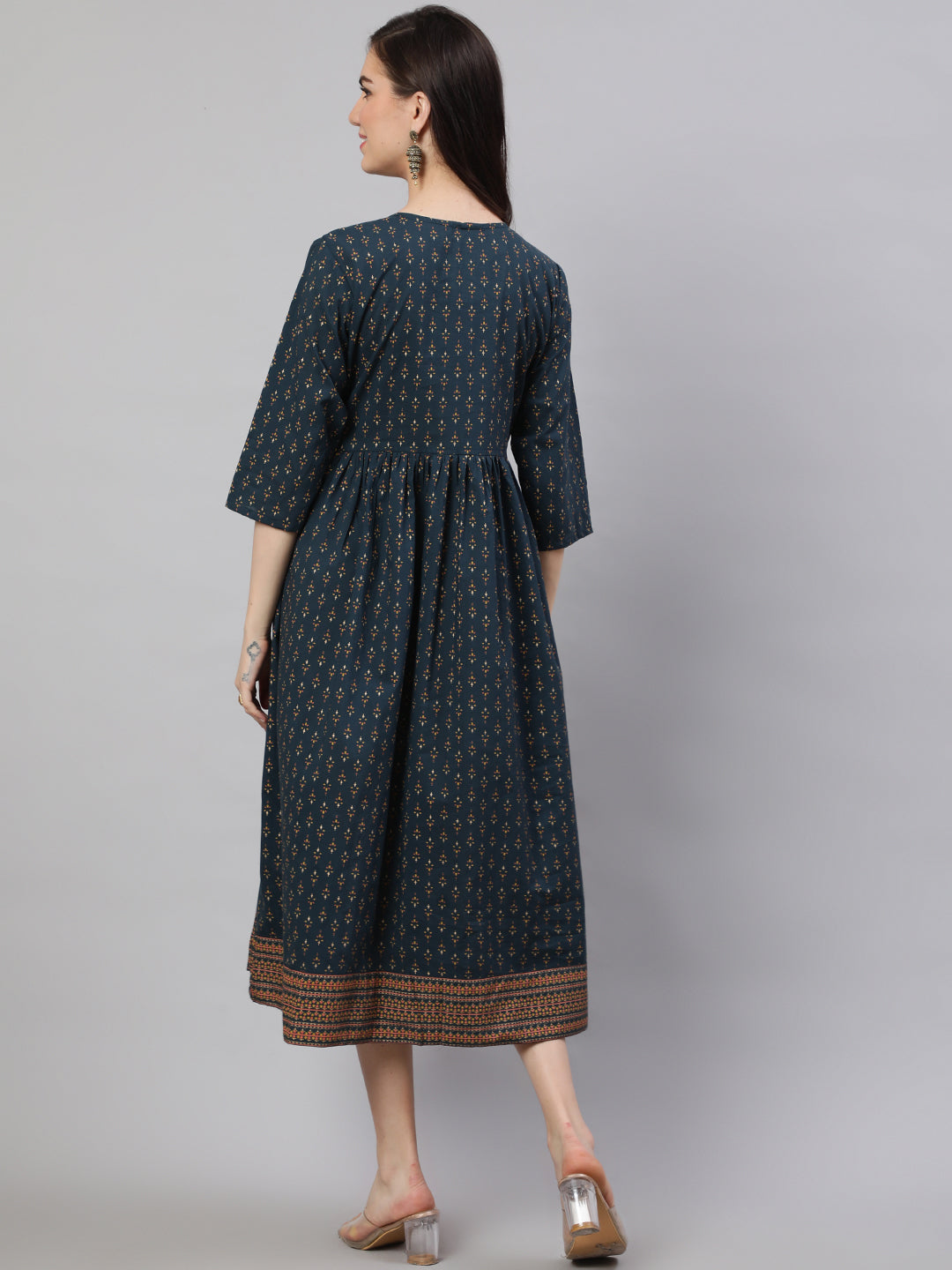 Women Teal Blue Ethnic Printed Flared Dress With Three Quarter Sleeves | LASVINI - Redefining Indian Fashion with Elegance