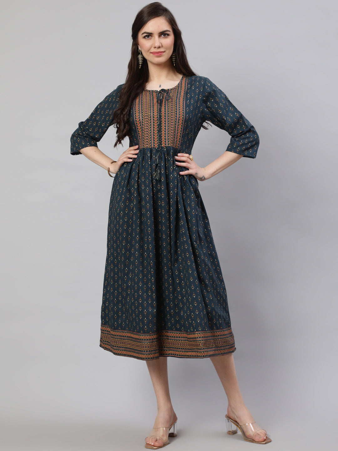 Women Teal Blue Ethnic Printed Flared Dress With Three Quarter Sleeves | LASVINI - Redefining Indian Fashion with Elegance