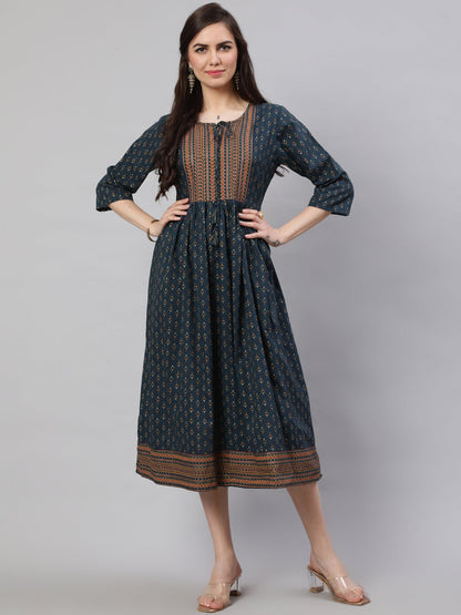 Women Teal Blue Ethnic Printed Flared Dress With Three Quarter Sleeves | LASVINI - Redefining Indian Fashion with Elegance
