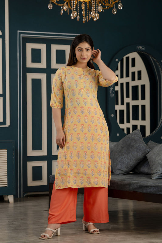 Women Yellow Straight Kurta With Three Quarter Sleeves | LASVINI - Redefining Indian Fashion with Elegance