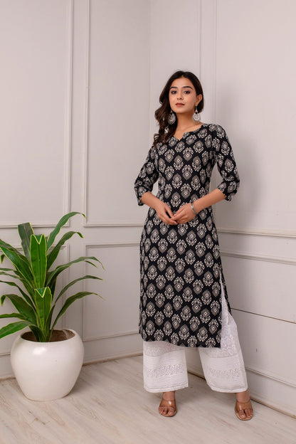 Women Black Printed Straight Kurta With Three Quarter Sleeves | LASVINI - Redefining Indian Fashion with Elegance