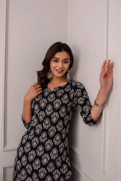 Women Black Printed Straight Kurta With Three Quarter Sleeves | LASVINI - Redefining Indian Fashion with Elegance