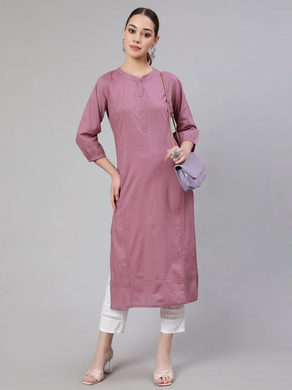 Women Mauve Straight Kurta With Three Quarter Sleeves | LASVINI - Redefining Indian Fashion with Elegance