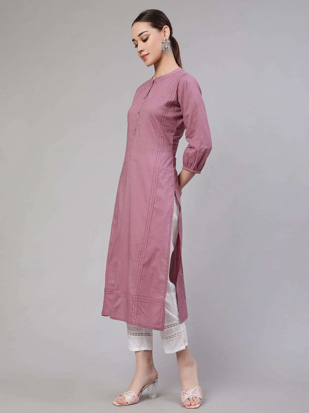Women Mauve Straight Kurta With Three Quarter Sleeves | LASVINI - Redefining Indian Fashion with Elegance