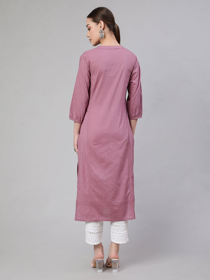 Women Mauve Straight Kurta With Three Quarter Sleeves | LASVINI - Redefining Indian Fashion with Elegance