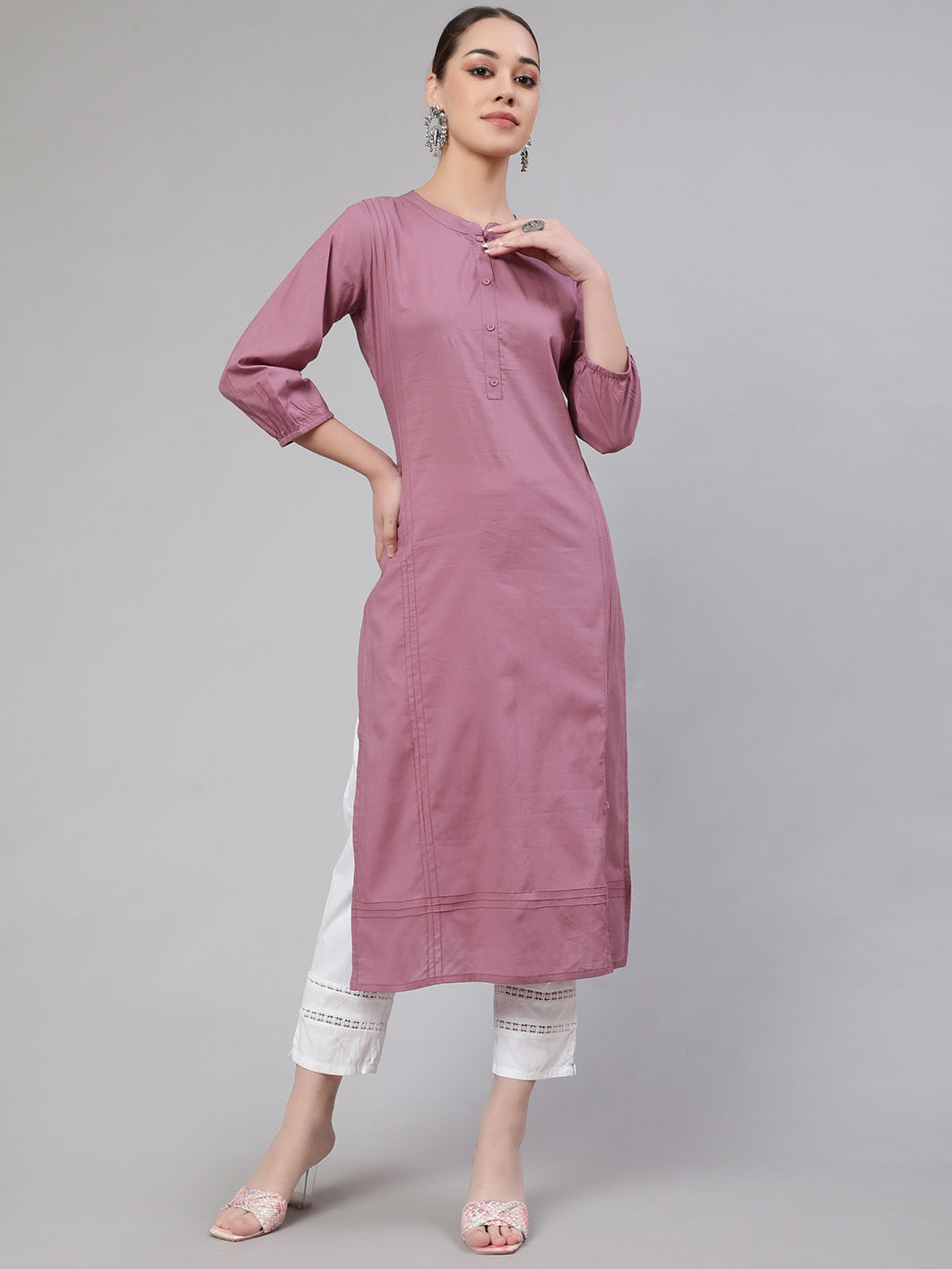 Women Mauve Straight Kurta With Three Quarter Sleeves | LASVINI - Redefining Indian Fashion with Elegance