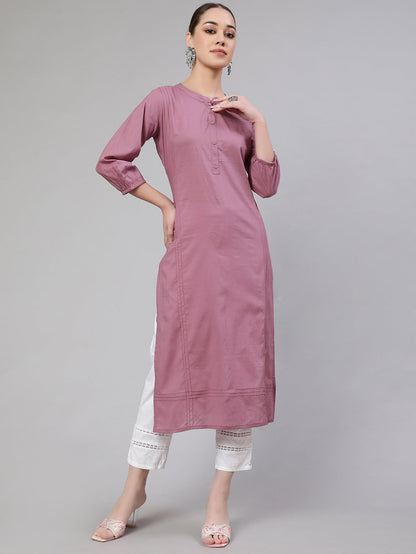 Women Mauve Straight Kurta With Three Quarter Sleeves | LASVINI - Redefining Indian Fashion with Elegance