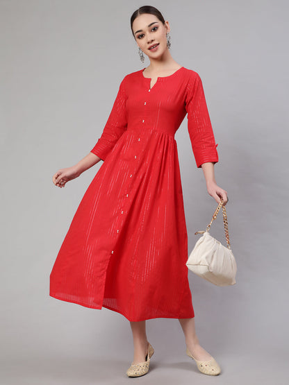Women Red Striped Flared Dress With Three Quarter Sleeves | LASVINI - Redefining Indian Fashion with Elegance