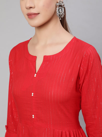 Women Red Striped Flared Dress With Three Quarter Sleeves | LASVINI - Redefining Indian Fashion with Elegance