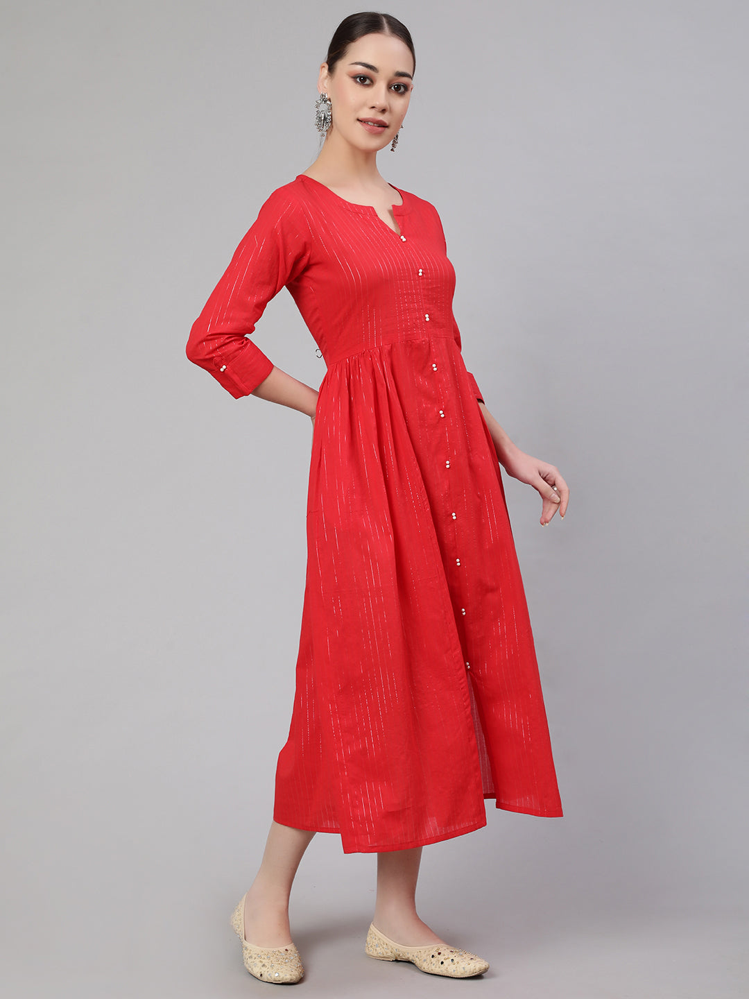 Women Red Striped Flared Dress With Three Quarter Sleeves | LASVINI - Redefining Indian Fashion with Elegance