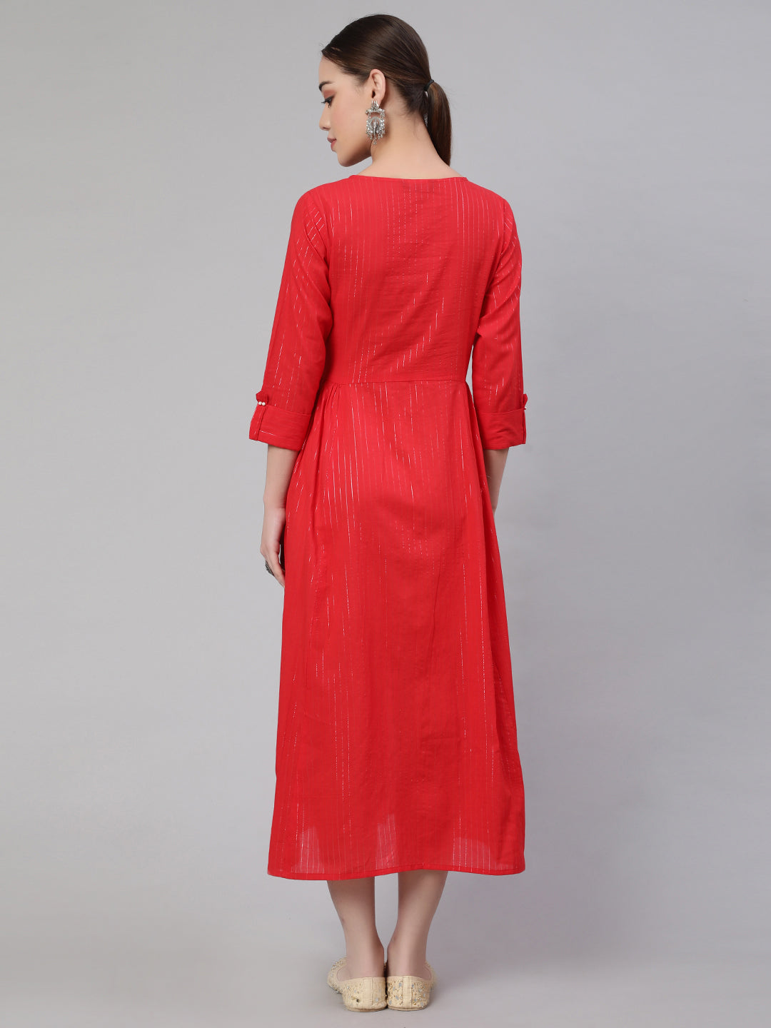 Women Red Striped Flared Dress With Three Quarter Sleeves | LASVINI - Redefining Indian Fashion with Elegance