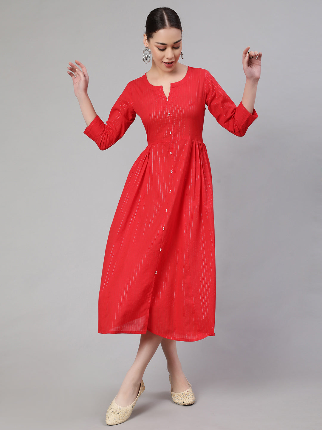 Women Red Striped Flared Dress With Three Quarter Sleeves | LASVINI - Redefining Indian Fashion with Elegance