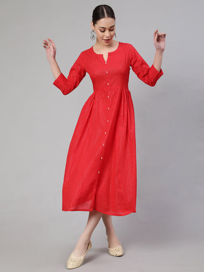 Women Red Striped Flared Dress With Three Quarter Sleeves | LASVINI - Redefining Indian Fashion with Elegance