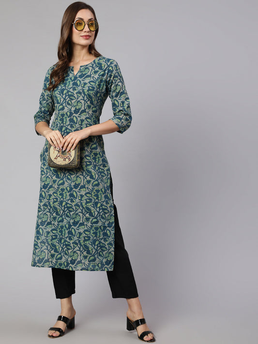 Women Teal Green Ethnic Printed Straight Kurta With Three Quarter Sleeves | LASVINI - Redefining Indian Fashion with Elegance