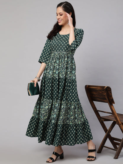 Women Green Printed Gathered Dress With Gotta Patti & Zari Work | LASVINI - Redefining Indian Fashion with Elegance