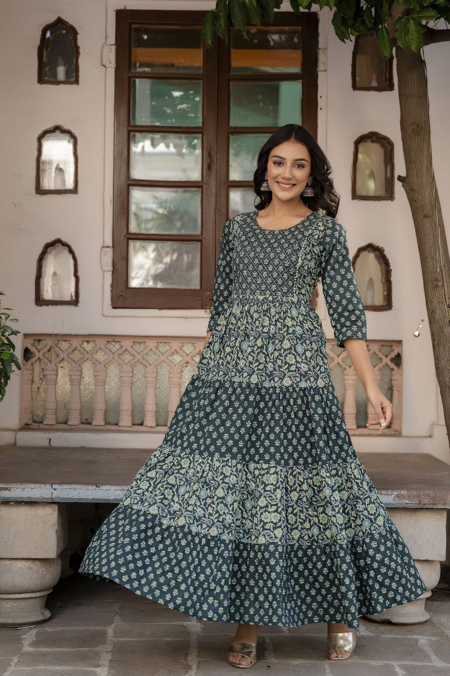 Women Green Printed Gathered Dress With Gotta Patti & Zari Work | LASVINI - Redefining Indian Fashion with Elegance
