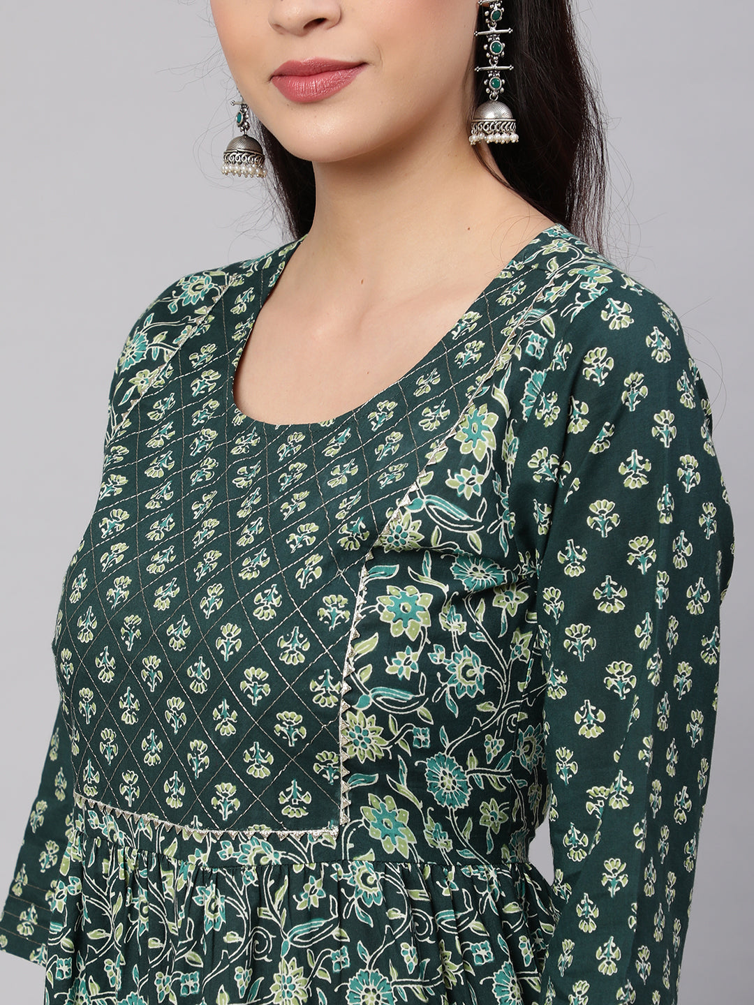 Women Green Printed Gathered Dress With Gotta Patti & Zari Work | LASVINI - Redefining Indian Fashion with Elegance