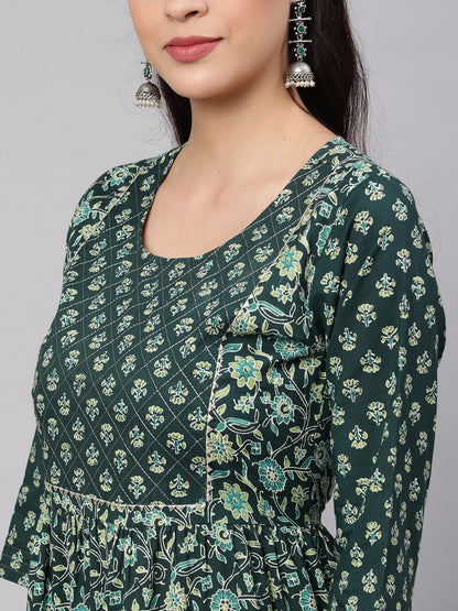 Women Green Printed Gathered Dress With Gotta Patti & Zari Work | LASVINI - Redefining Indian Fashion with Elegance