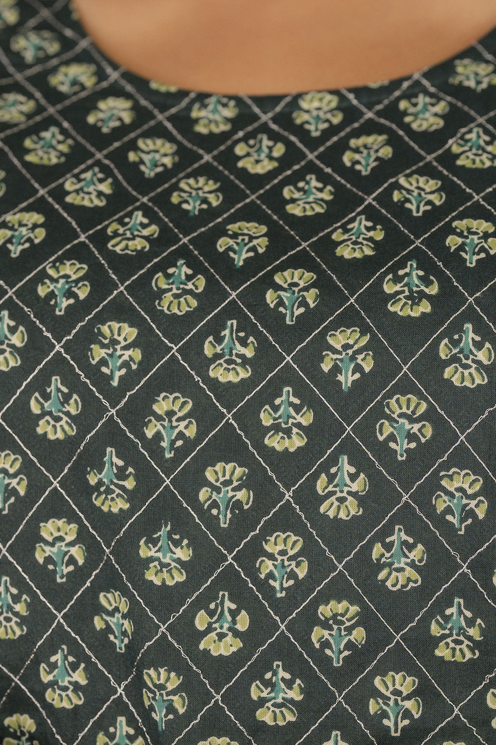 Women Green Printed Gathered Dress With Gotta Patti & Zari Work | LASVINI - Redefining Indian Fashion with Elegance