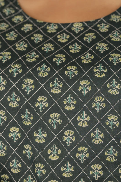 Women Green Printed Gathered Dress With Gotta Patti & Zari Work | LASVINI - Redefining Indian Fashion with Elegance