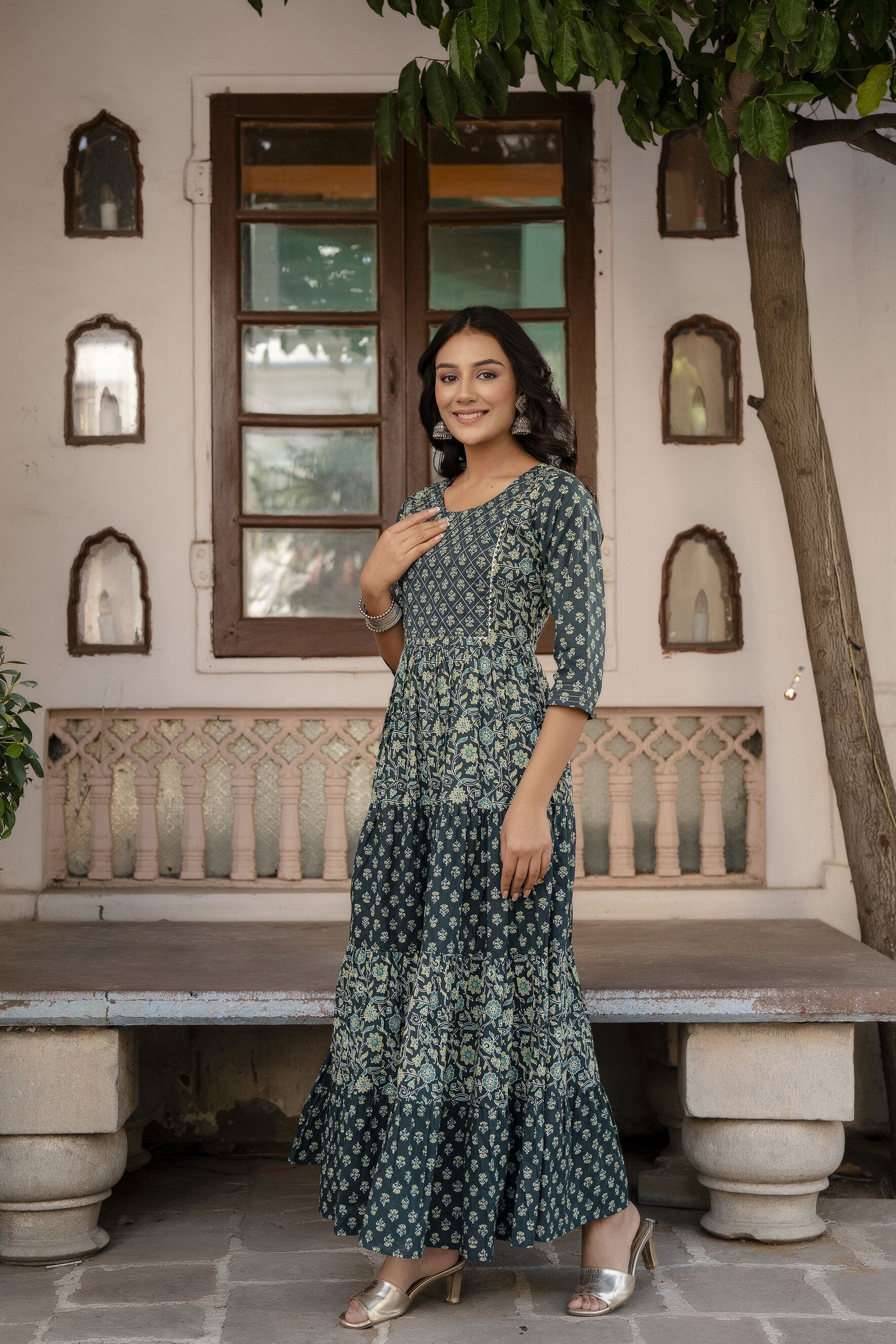 Women Green Printed Gathered Dress With Gotta Patti & Zari Work | LASVINI - Redefining Indian Fashion with Elegance