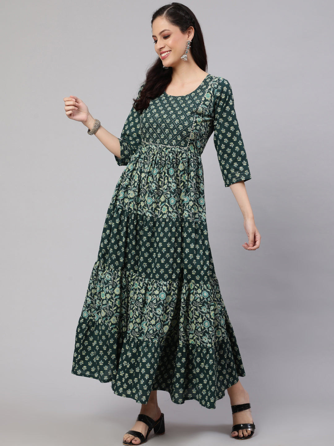 Women Green Printed Gathered Dress With Gotta Patti & Zari Work | LASVINI - Redefining Indian Fashion with Elegance