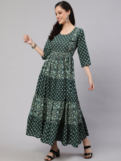 Women Green Printed Gathered Dress With Gotta Patti & Zari Work | LASVINI - Redefining Indian Fashion with Elegance