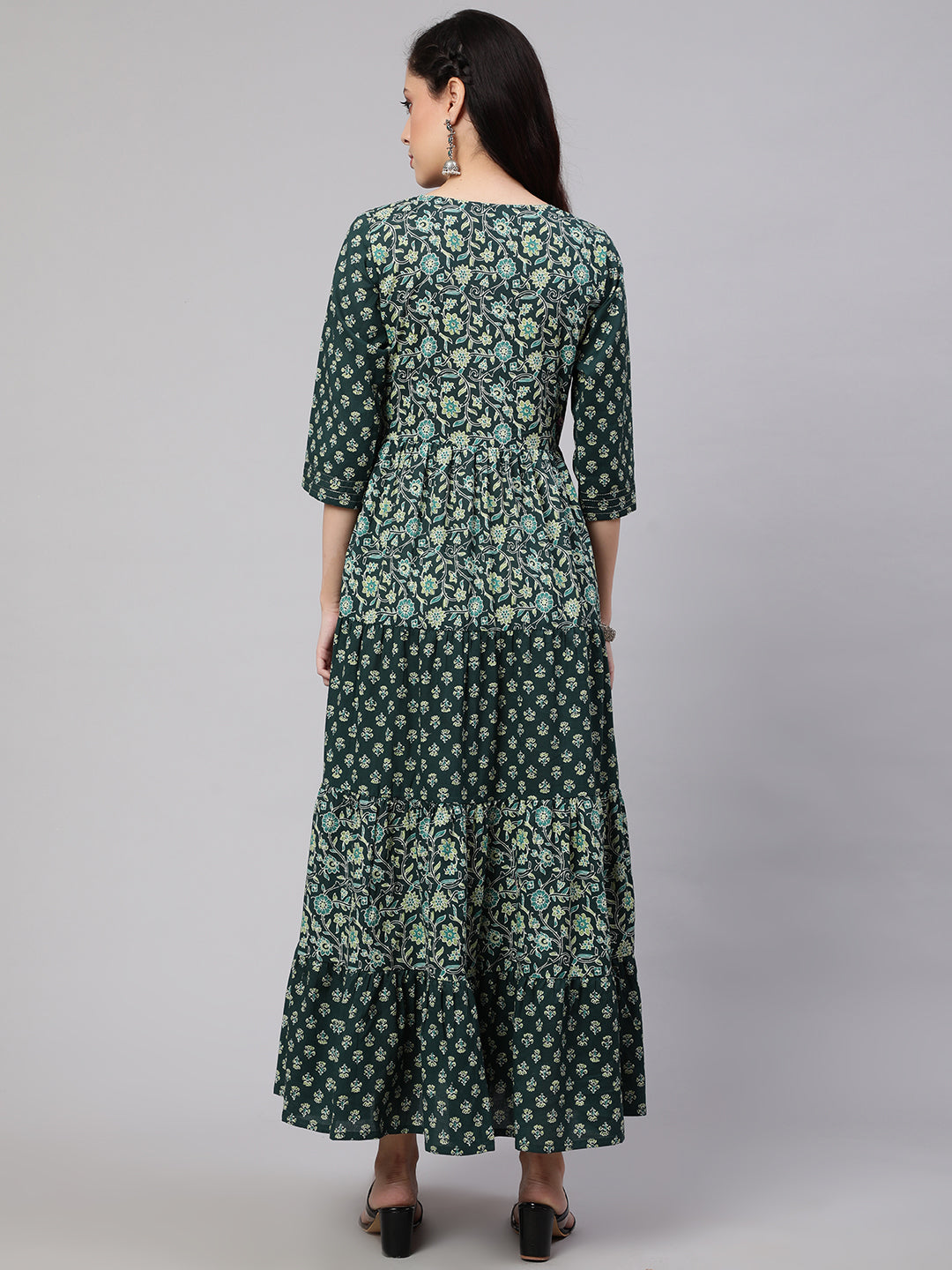 Women Green Printed Gathered Dress With Gotta Patti & Zari Work | LASVINI - Redefining Indian Fashion with Elegance