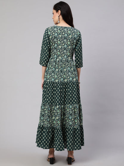 Women Green Printed Gathered Dress With Gotta Patti & Zari Work | LASVINI - Redefining Indian Fashion with Elegance