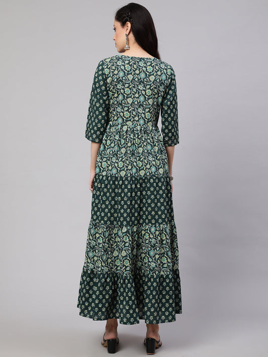 Women Green Printed Gathered Dress With Gotta Patti & Zari Work | LASVINI - Redefining Indian Fashion with Elegance